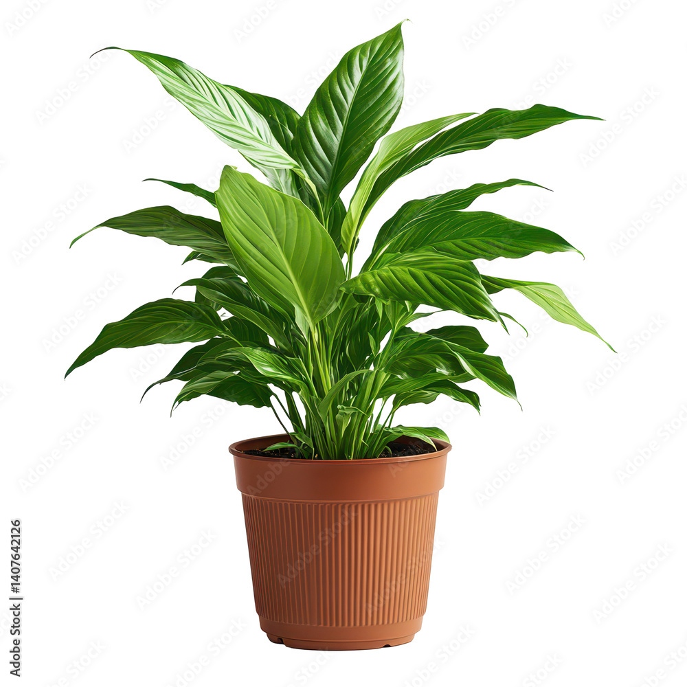 Fototapeta premium Thriving Peace Lily: A lush, vibrant peace lily plant thrives in a brown pot, showcasing its elegant, emerald green leaves, a symbol of peace and serenity in a home.
