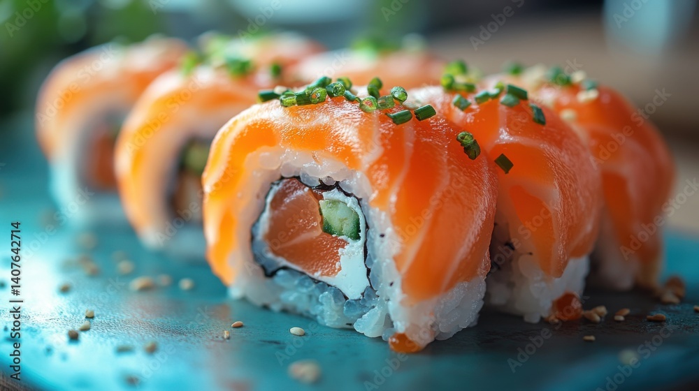 Delicious sushi rolls with salmon served on a teal plate in a modern restaurant setting during lunchtime Delicious sushi rolls with salmon served on a teal plate in a modern restaurant setting during lunchtime