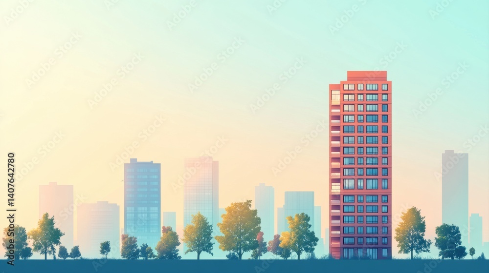 Fototapeta premium Modern Urban Skyline with a Stylish Building Surrounded by Nature and a Pastel Sunset Background