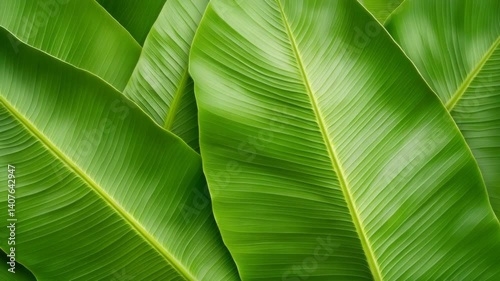 Lush Green Banana Leaves Vibrant Tropical Pattern and Texture in Natures Lush Greenery, Showcasing Natural Beauty and Tropical Background