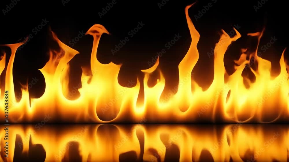 Realistic Fire Flames Animation Loop with Reflection on Black Background Realistic Fire Flames Animation Loop with Reflection on Black Background