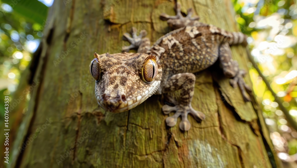 Unique gecko displays camouflage on tree trunk in tropical rainforest during daylight hours showcasing intricate skin patterns and vibrant eyes Generative AI Unique gecko displays camouflage on tree trunk in tropical rainforest during daylight hours showcasing intricate skin patterns and vibrant eyes Generative AI