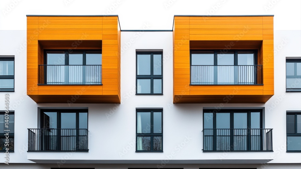 Obraz premium Modern apartment building facade featuring stylish orange balconies and sleek architectural design elements