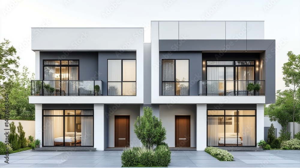 Fototapeta premium Modern Residential House Design with Minimalist Aesthetic and Clean Lines Surrounded by Lush Greenery