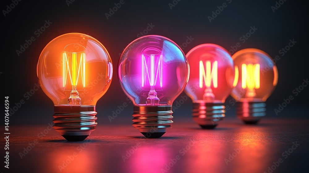 Illuminating Ideas: A Row of Glowing Light Bulbs with Neon-Like Filaments Illuminating Ideas: A Row of Glowing Light Bulbs with Neon-Like Filaments