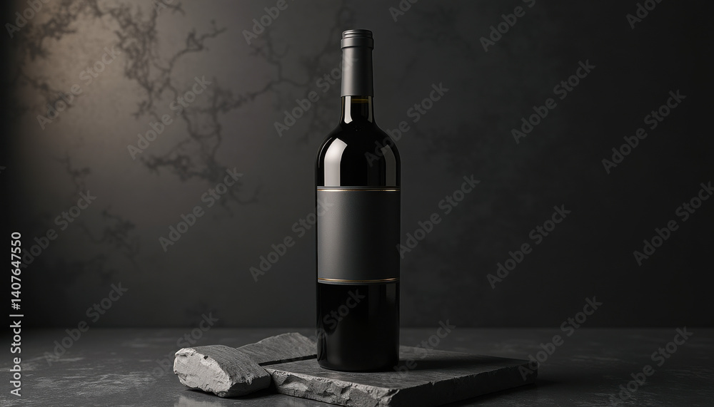 Fototapeta premium Wine bottle label mockup. Red wine bottle mockup with minimal white label on textured slate and moody backdrop for upscale alcohol branding or packaging design