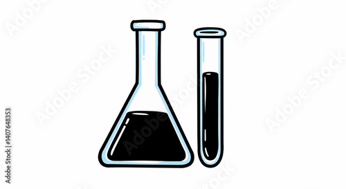 A playful, celebratory cartoon illustration of a triangular flask and a cylindrical test tube.  The flask is wider at the base, tapering to a narrow neck. The test tube is narrower than the flask. 