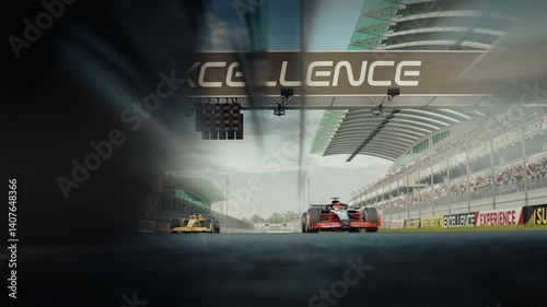 Wallpaper Mural Low angle front view of generic race cars starting the race. Wide low angle shot with starting lights. 3d animation rendering. New 2025 black and gold race car design Torontodigital.ca