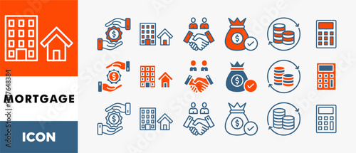 MORTGAGE icon set with various styles and colors loan, property estate, agreement, asset, repayment and calculate	