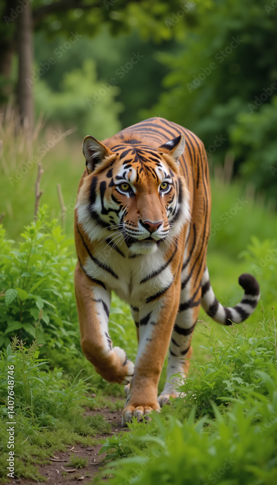 Obraz premium Tiger walking on forest trail for International Tiger Day 