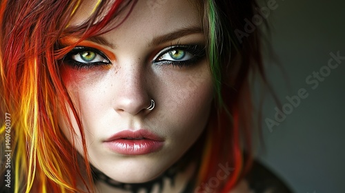 Colorful Artistic Makeup on a Beautiful Girl, Close-Up Portrait, Vibrant and Expressive
