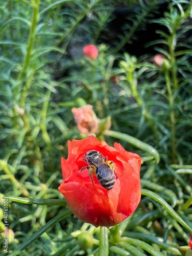 A bee on a vibrant red flower surrounded by green foliage.