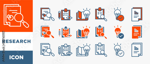 RESEARCH icon set with various styles and colors analysis, data, survey, development, fact, knowledge and data entry
