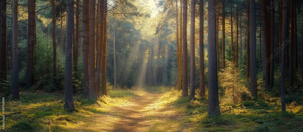 Obraz premium Spring Forest Landscape in Teutoburg Forest Warburg Germany Sunlight Pine Trees Nature Reserve