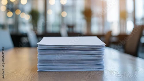 A glowing resume highlighted in a stack of blank pages, sleek modern office background with soft lighting, peaceful mood, realistic, medium shot with room for text.