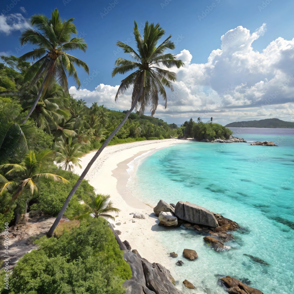 Obraz premium Serene Tropical Beach with Palm Trees and Turquoise Waters