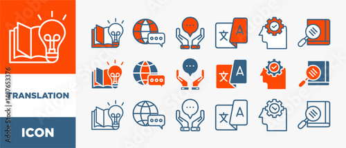 TRANSLATION icon set with various styles and colors dictionary, interpretation, translator, communication, language, and knowledge	