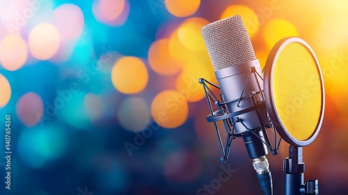 Stylish microphone setup for professional recordings with warm bokeh lights in the background : Generative AI
