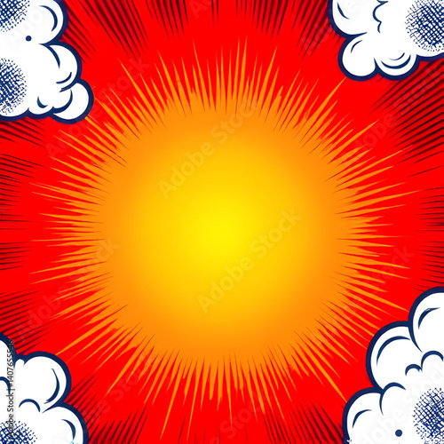 Comic Book Explosion: Dynamic, comic book-style explosion illustration, perfect for illustrating action, energy, and explosive force. The bold colors and iconic design convey pure dynamism.