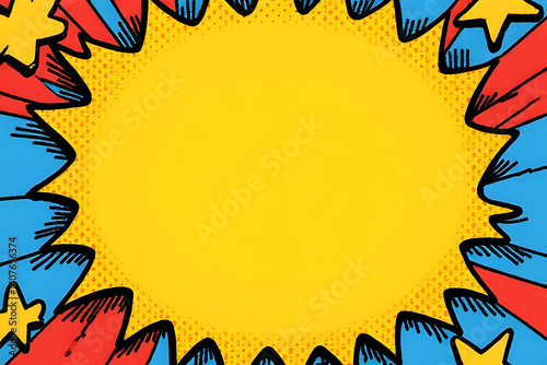 Comic Book Explosion:  A vibrant and energetic graphic design bursting with colorful starbursts and a large yellow speech bubble. The perfect background for any comic book inspired design or project.