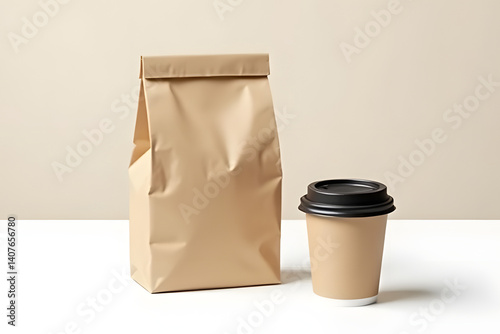 Eco-Friendly Essentials: A simplistic composition presents a brown paper bag alongside a takeaway coffee cup. Minimalist design, perfect for modern cafes and businesses.