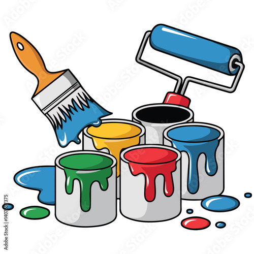 paint brush roller bucket cans isolated vector illustration on white background