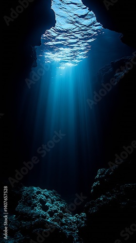 Dramatic Underwater Cave with Beautiful Light Rays Creating a Stunning Scene : Generative AI
