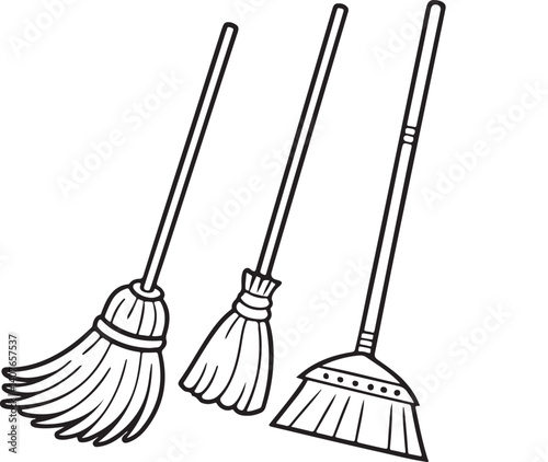Cleaning tools include an isolated broom, shovel, and dustpan for sweeping dust