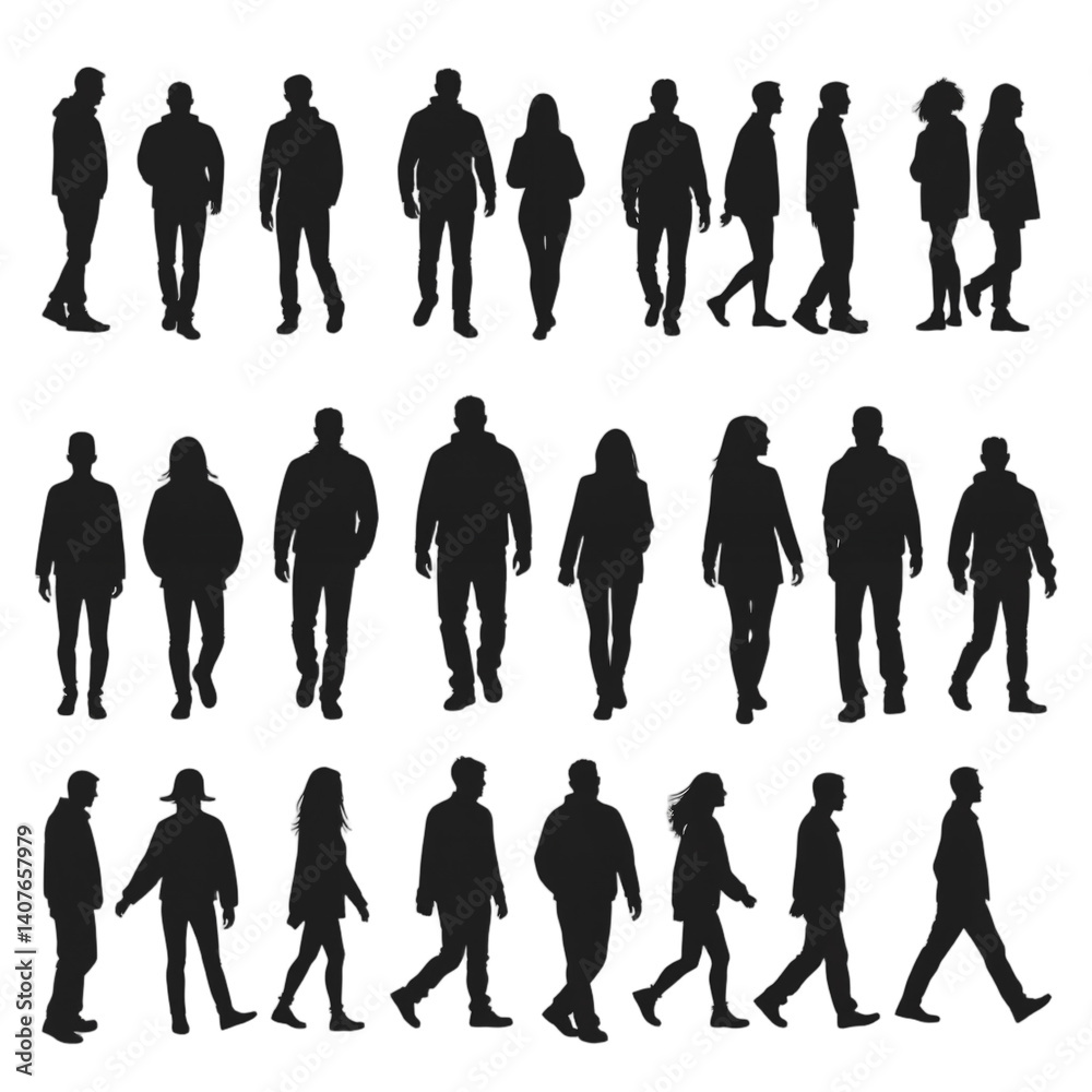 custom made wallpaper toronto digitalSilhouettes of people walking, isolated on transparent background. Minimalist vector art for urban planning, architectural rendering, anonymous crowd concepts and graphic design.