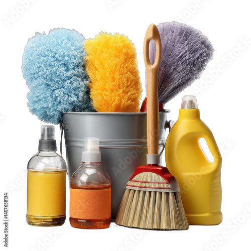 Housekeeping supplies arranged neatly, colorful sponges, a broom, and detergent bottles, ideal for home cleaning services. Isolated on white background or PNG