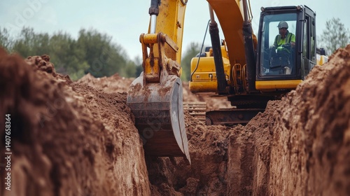 Heavy machinery operator using an excavator to dig foundation trenches. Featuring strength and precision photo