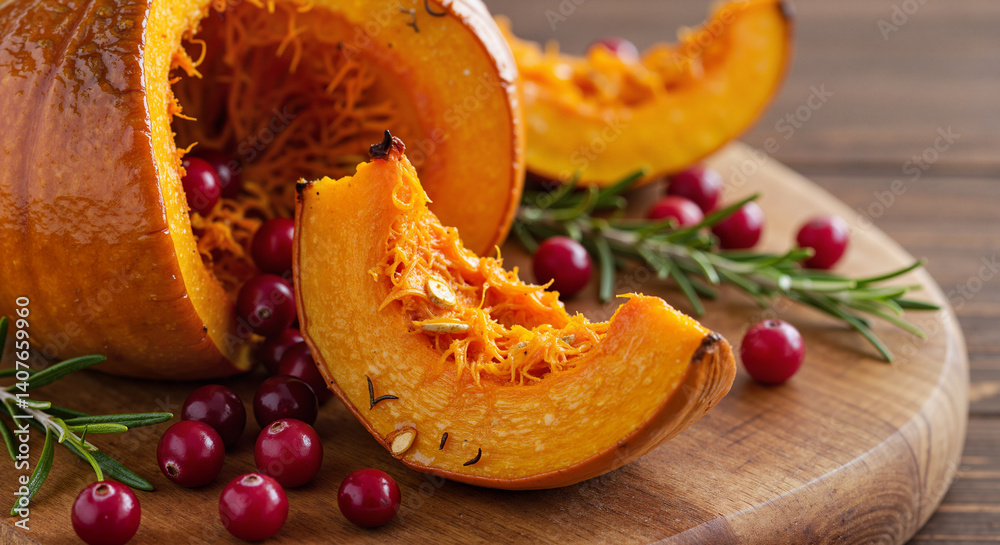 Fresh pumpkin slices with cranberries and herbs on wooden board Fresh pumpkin slices with cranberries and herbs on wooden board