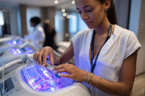 A woman using innovative skincare technology, embodying modern beauty treatments that blend science with self-care, perfect for health and beauty concepts. photo