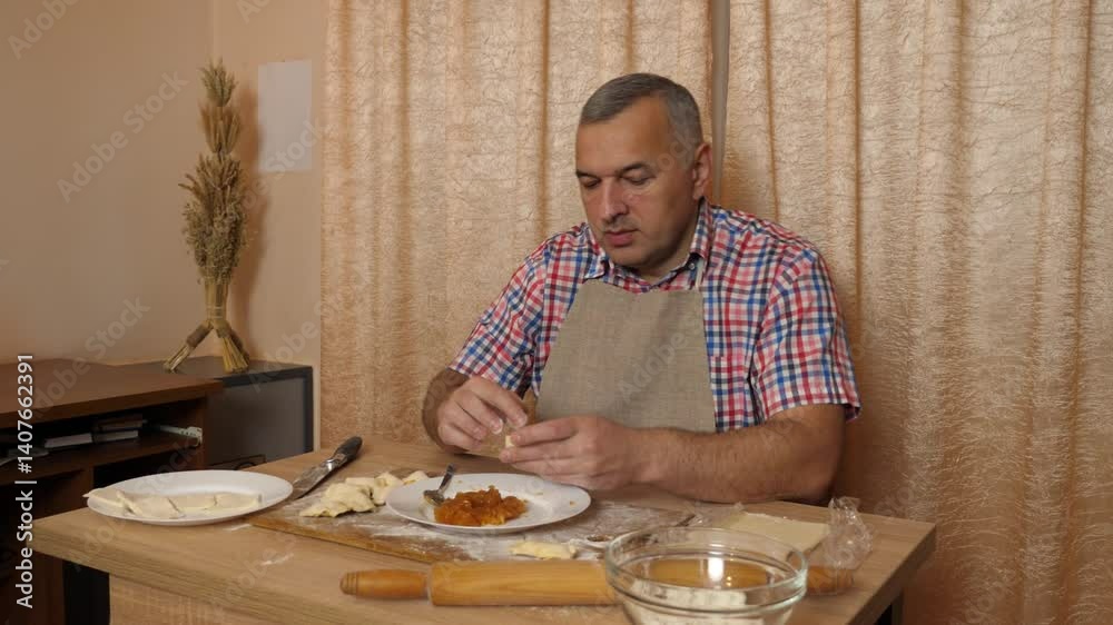 A man prepares pies from dough and sweet filling. Cooking homemade dishes. A man prepares pies from dough and sweet filling. Cooking homemade dishes.