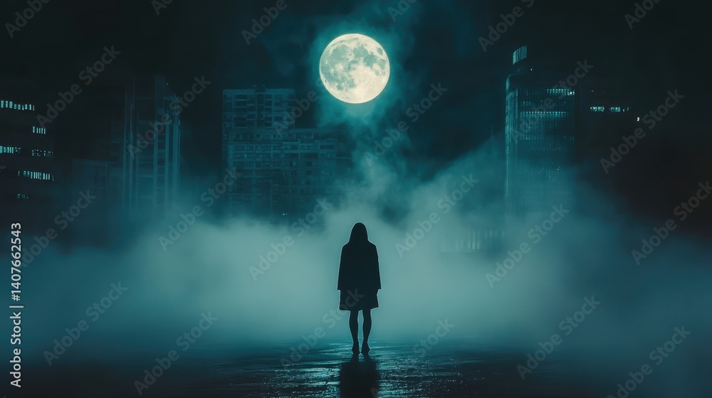 Fototapeta premium Mysterious figure stands atop a building overlooking a foggy city under a bright full moon at night