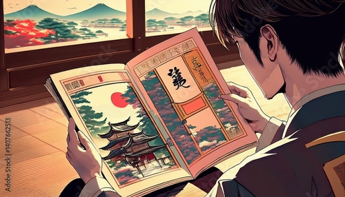 Obraz na płótnie Person Immersed in Localized Japanese Manga Steins Gate, Over Shoulder View at Dusk Vibrant Anime Artwork Echoing the Rich Mood of Tokyos Otaku Culture w salonie