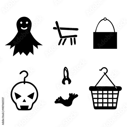 A whimsical collection of playful Halloween and everyday objects, including a friendly ghost, a tiny chair, and a hanging basket, rendered in bold black silhouettes on a stark white background.