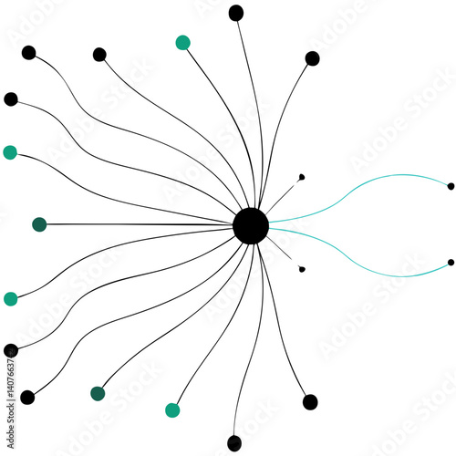 A central hub radiating connections, symbolizing a network's growth and expanding influence, with simple black and teal lines on a white background.