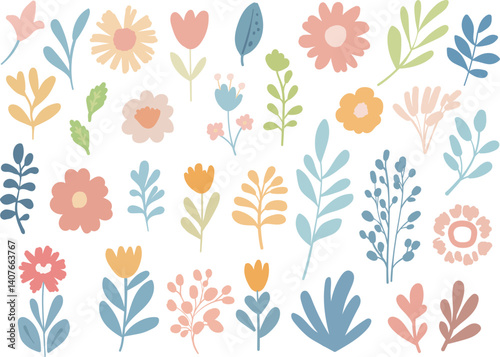 A vector illustration of children drawings featuring colorful hand-drawn flowers and leaves in a whimsical and playful style