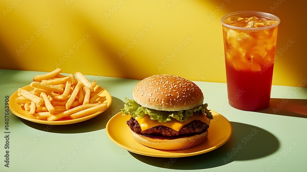 An inviting cheeseburger on a plate served with fries and iced tea set against a vibrant colorful backdrop : Generative AI
