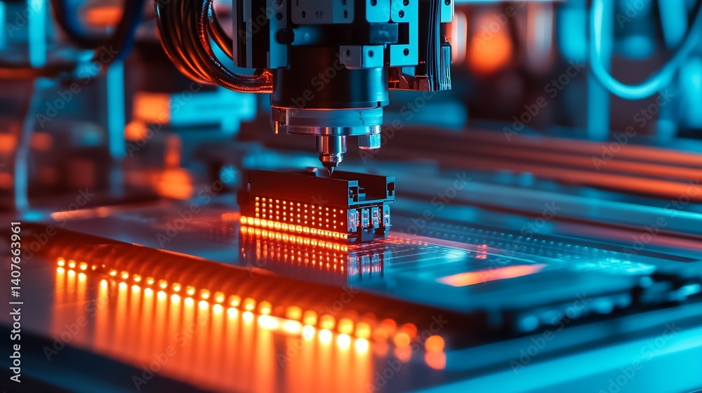 Sophisticated robotic technology performing intricate electronic component assembly in modern facility : Generative AI