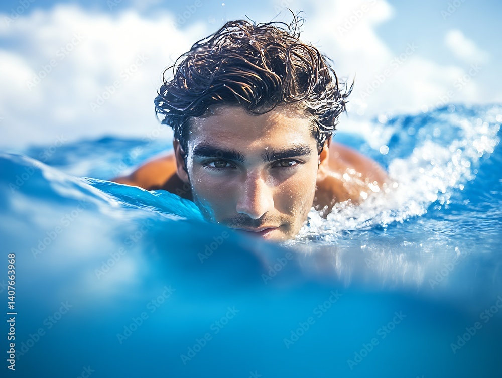 Close Up View of a Young Man Swimming in Clear Blue Ocean Water Under Bright Sunny Sky : Generative AI