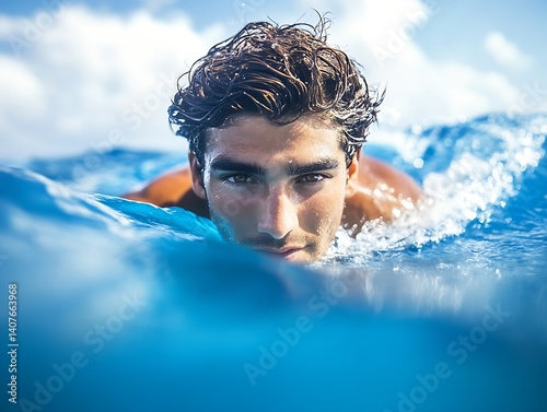 Obraz na płótnie Close Up View of a Young Man Swimming in Clear Blue Ocean Water Under Bright Sunny Sky : Generative AI w salonie