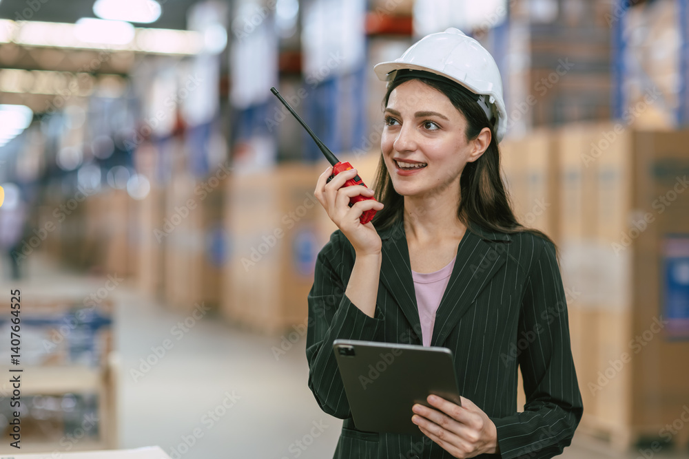 portrait smart logistics business women, female worker with white helmet control stock in warehouse