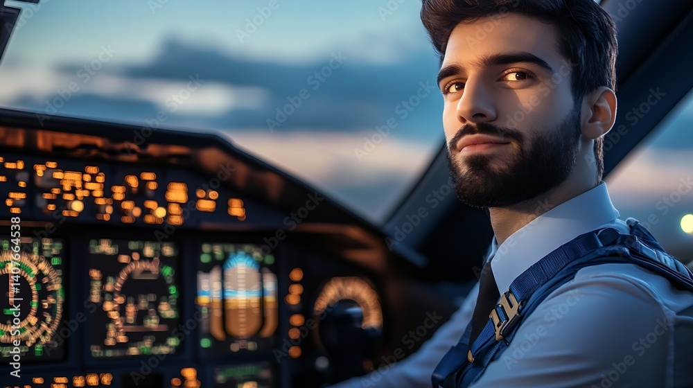 Smiling male pilot in advanced cockpit with illuminated display panel during evening flight : Generative AI