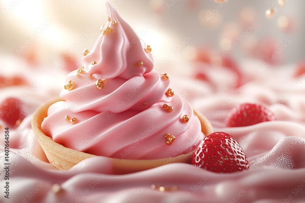 Charming strawberry cupcake with a beautiful swirl of pink icing surrounded by fresh berries : Generative AI