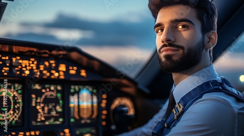 Obraz na płótnie Smiling male pilot in advanced cockpit with illuminated display panel during evening flight : Generative AI w salonie