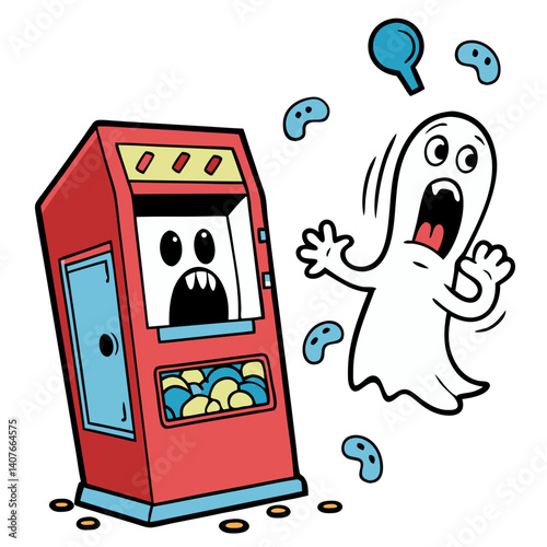 A terrified ghost fleeing a mischievous gumball machine in a playful, cartoonish illustration with bold outlines and bright colors.