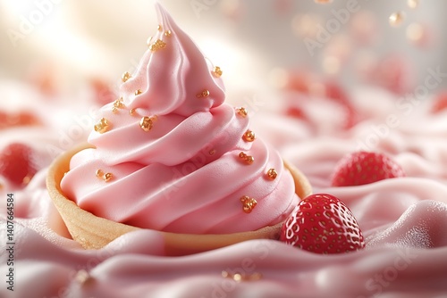 Obraz na płótnie Charming strawberry cupcake with a beautiful swirl of pink icing surrounded by fresh berries : Generative AI w salonie