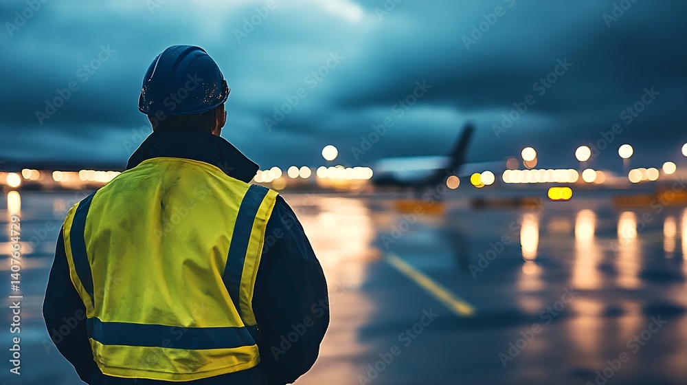An airport worker in a bright safety vest watches aircraft amidst the rain under a dramatic evening sky : Generative AI